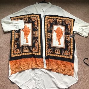 White high button collar, tiger print Tunic.